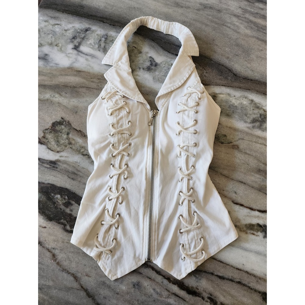 Oh Yes Y2K White Halter Corset Festival Edgy Rave Western Top Zip Front Small